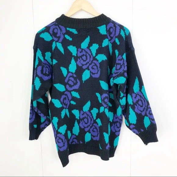 Erika Vintage Purple Rose Crew Neck Sweater Medium 90s Y2K - Picture 4 of 9